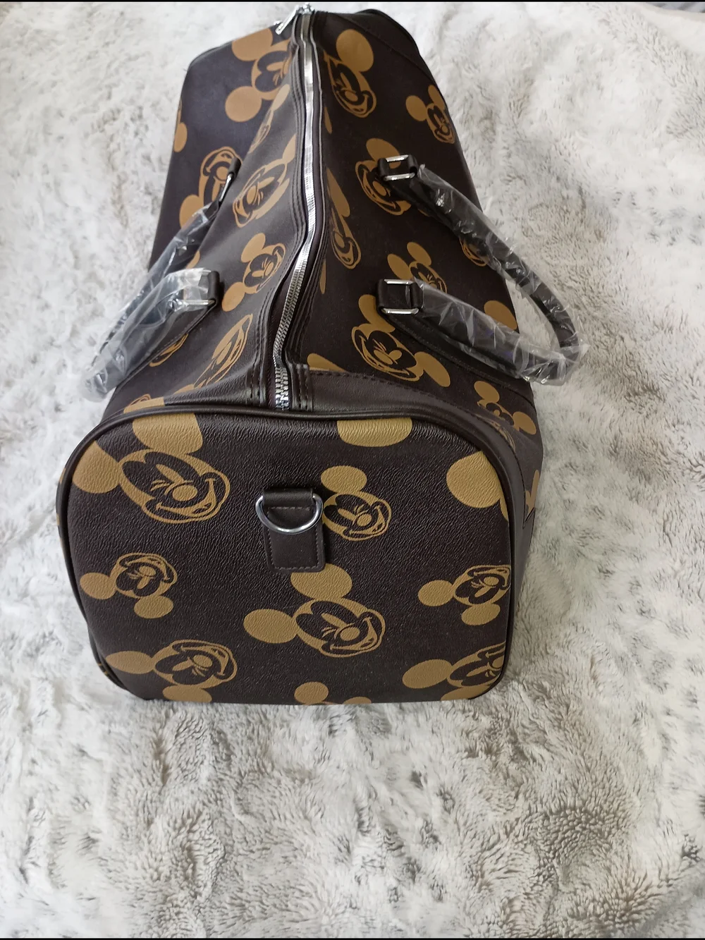 Brown Mickey Mouse Print Travel Duffle Bag
